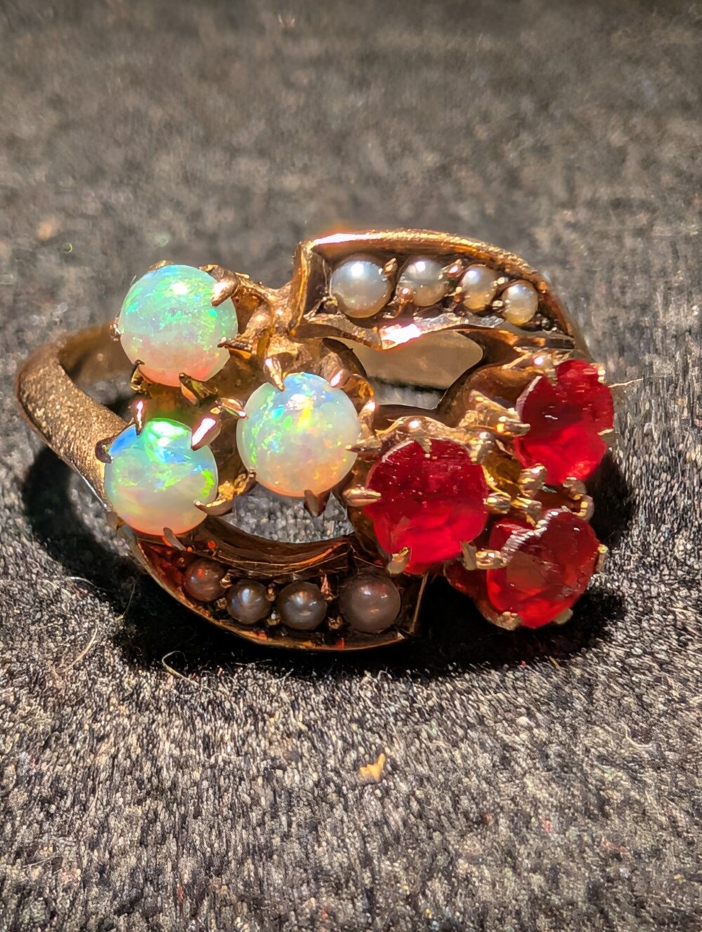 Victorian 10k Gold Opal Garnet and Seed Pearl Ring - Sz. 4.25